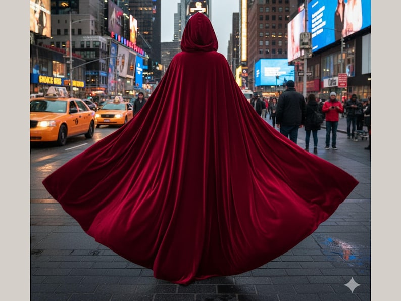 May include: A long, flowing, hooded cape in a deep red hue. The cape is made of a soft, velvety material and is spread out, creating a dramatic effect. The background shows a city street with yellow taxis and pedestrians.