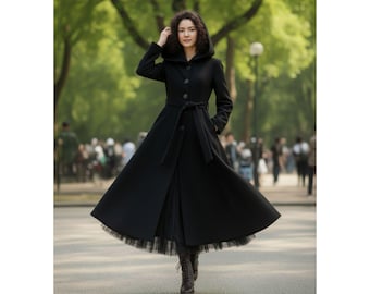 Zwarte wollen maxi-jas met capuchon | Gothic uitlopende winterjas | Handgemaakte lange elegante wollen bovenkleding