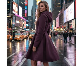 Lila Wolle Kapuzen Wintermantel für Frauen | Elegante Warme Fit & Flare Jacke | Handgefertigte Wolloberbekleidung