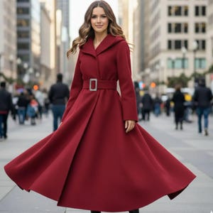 Women’s Red Wool Hooded Maxi Coat | Elegant Winter Flare Coat | Warm Long Belted Jacket | Handmade Luxury Outerwear image 1