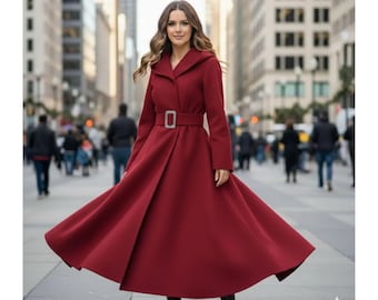 Abrigo largo con capucha de lana roja para mujer / Elegante abrigo acampanado de invierno / Chaqueta larga y cálida con cinturón / Prenda exterior de lujo hecha a mano