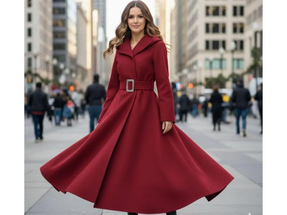 Women’s Red Wool Hooded Maxi Coat | Elegant Winter Flare Coat | Warm Long Belted Jacket | Handmade Luxury Outerwear