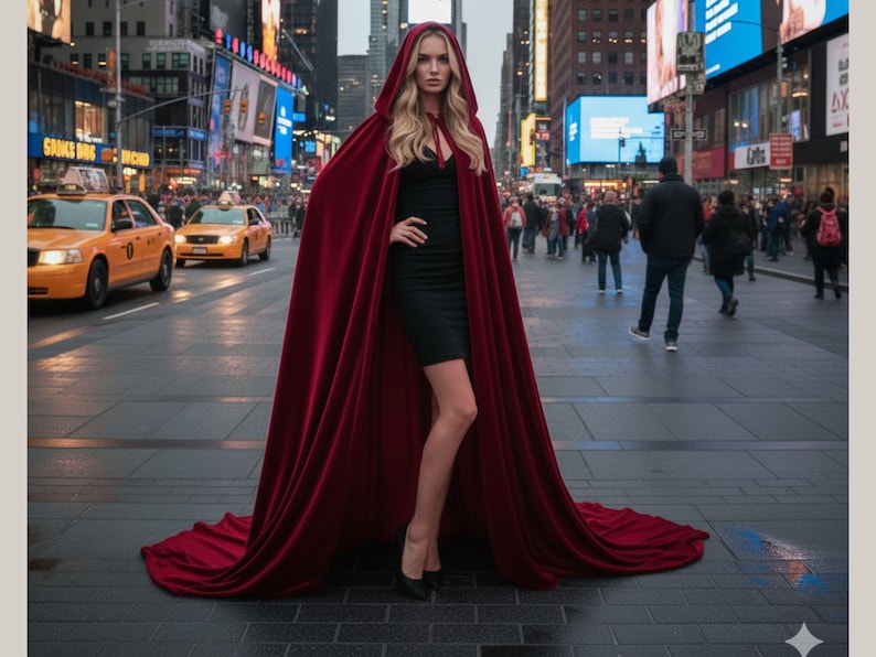 May include: A woman in a black dress and black heels stands in a city street, wearing a long, hooded, burgundy cape. The cape trails on the ground. Yellow taxis and city buildings are in the background.