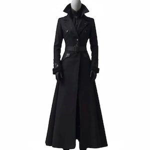 Elegante abrigo largo de lana negra / Gabardina gótica victoriana / Abrigo de lana de invierno para mujer / Chaqueta vintage de cuello alto imagen 8