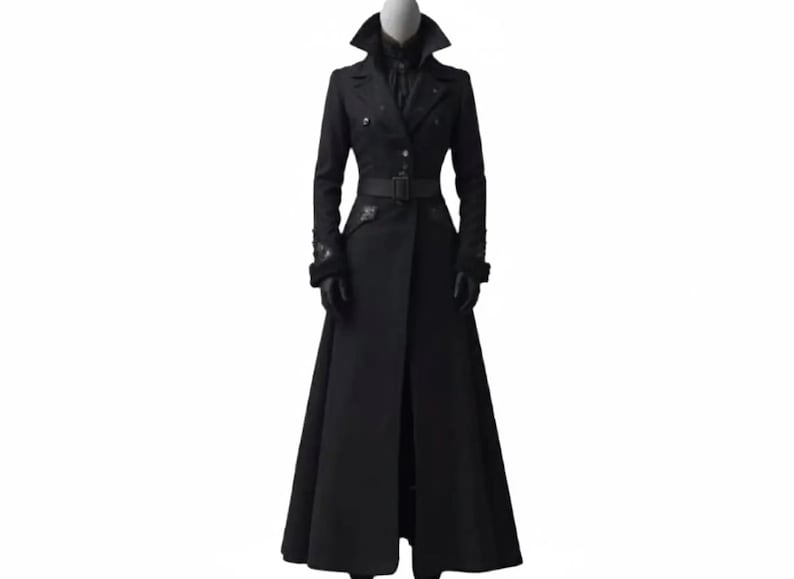 Elegante abrigo largo de lana negra / Gabardina gótica victoriana / Abrigo de lana de invierno para mujer / Chaqueta vintage de cuello alto imagen 8