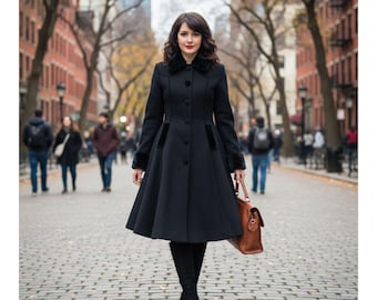 May include: A black wool coat with a flared skirt, fur collar, and cuffs. The coat has a button-down front and velvet accents. A brown leather satchel is carried. The coat is worn with black boots.
