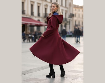 ロングフードコート、冬用プリンセスコート、バーガンディビクトリアン