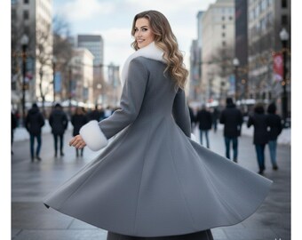 May include: A gray, long coat with a white fur collar and cuffs. The coat has a flared skirt and is being twirled, creating movement. The background shows a city street with pedestrians and buildings.
