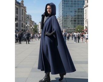 Marine-Blauer Wollkapuzen-Umhang | Langer Umhang Wintermantel Damen | Eleganter Gothic Mittelalter Kapuzen-Mantel | Handgemachte warme Jacke