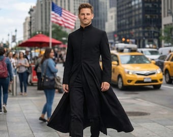 Neo Matrix Trench Coat, Gothic Black Cosplay Overcoat, Men’s Long Cotton Coat, Cyberpunk Vampire Halloween Costume, Handmade Movie Outfit