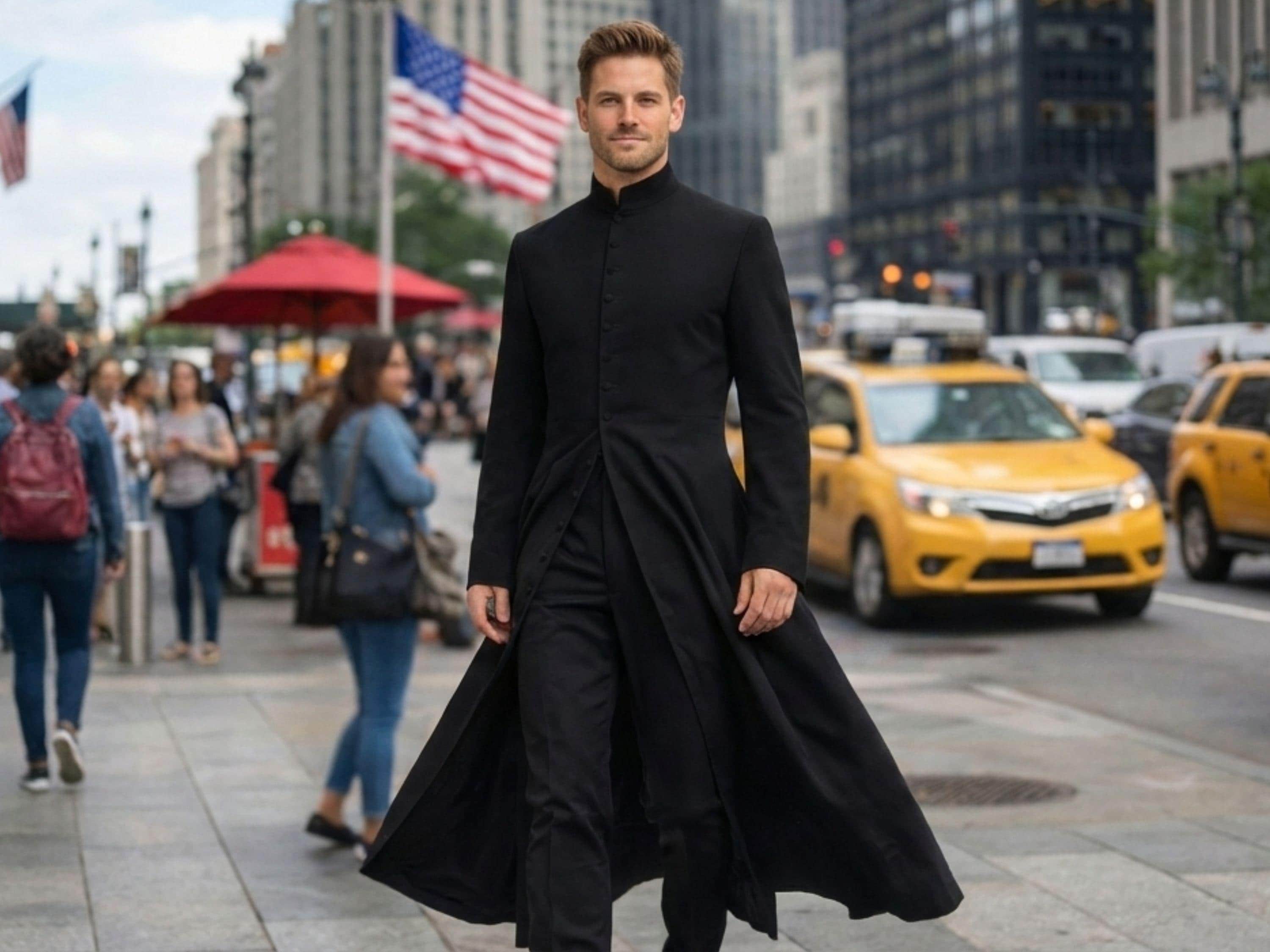 Neo Matrix Trench Coat, Gothic Black Cosplay Overcoat, Men's Long