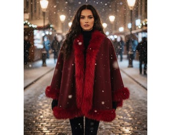Red Wool Cape Coat with Faux Fur Trim | Elegant Winter Cloak for Women | Warm Luxury Shawl Jacket | Christmas Gift Outerwear