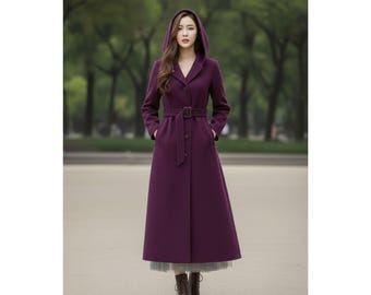 Plum Hooded Wool Coat for Women | Long Flared Maxi Winter Coat | Handmade Gothic Overcoat | Belted Genuine Wool