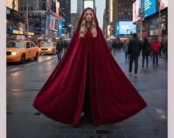 Elegant Red Velvet Hooded Cloak for Women | Gothic Medieval Cape | Renaissance Cosplay Outfit | Handmade Winter Cloak Gift