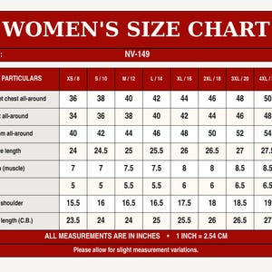 May include: A size chart table titled WOMEN'S SIZE CHART with style number NV-149. The table lists measurements in inches for jacket chest, waist, bottom, sleeve length, bicep, cuff, shoulder, and back length across sizes XS to 5XL.
