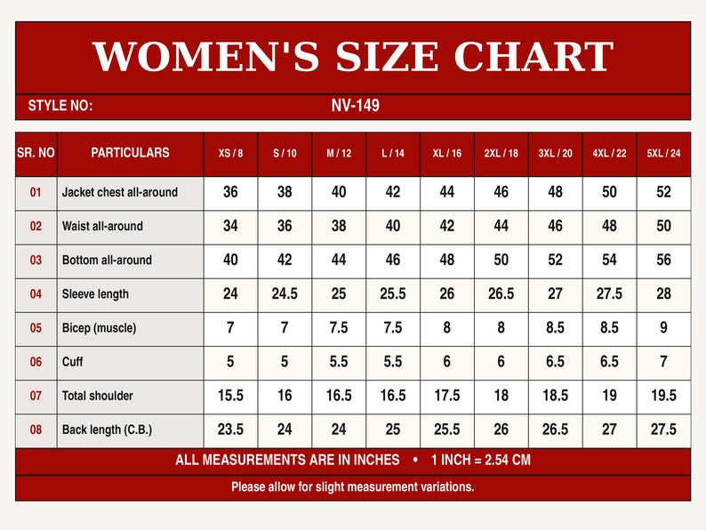 May include: A size chart table titled WOMEN'S SIZE CHART with style number NV-149. The table lists measurements in inches for jacket chest, waist, bottom, sleeve length, bicep, cuff, shoulder, and back length across sizes XS to 5XL.