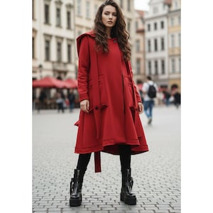 Red Wool Coat with Hood | Elegant Long Winter Overcoat for Women | Vintage Style Warm Jacket | Handmade Wool Outerwear
