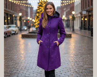 Elegancki, fioletowy, wełniany płaszcz zimowy dla kobiet | Ręcznie robiony, długi płaszcz z kapturem | Ciepła, świąteczna kurtka w stylu vintage | Przytulny prezent dla niej