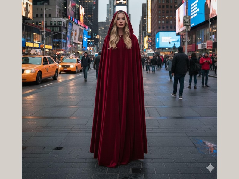 May include: A long, hooded cape in a deep red color. The cape is made of a flowing fabric and is worn by a person with long blonde hair. The background shows a city street with yellow taxis and tall buildings.