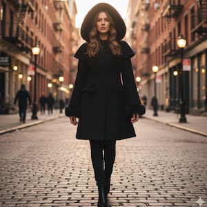Black wool hooded coat for women