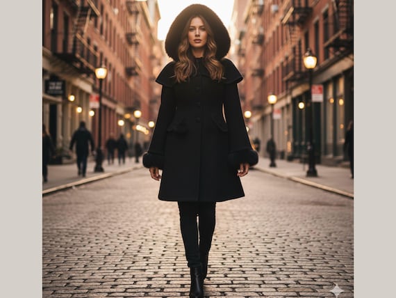 Women’s Black Wool Coat with Hood | Long Winter Overcoat | Handmade Vintage Wool Jacket | Elegant Warm Luxury Gift