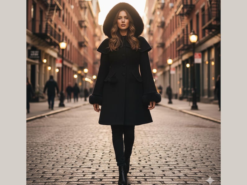 Black wool hooded coat for women