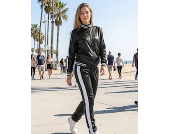 Damen Schwarz PVC Trainingsanzug Set | Glänzendes Streetwear Jogger Outfit | Trendige High Shine Jacke & Hose | Lässiges Sportliches Fashion Set