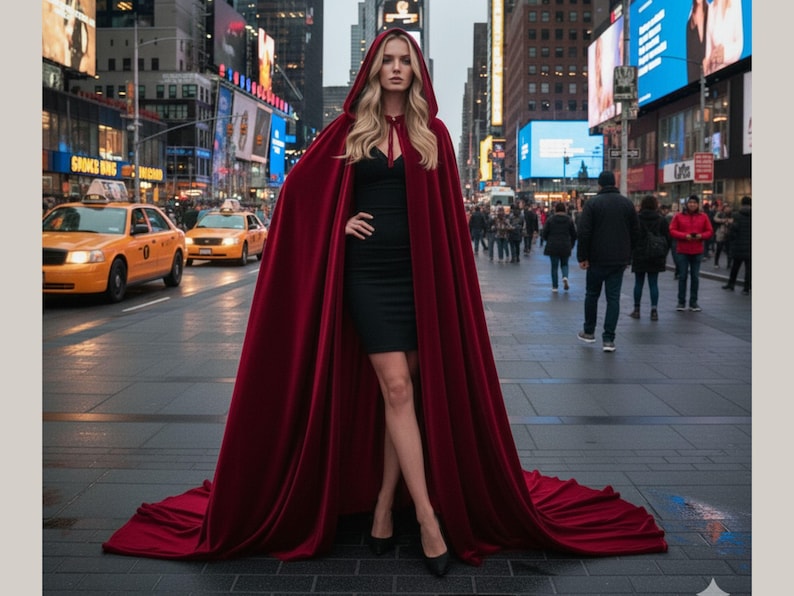 May include: A woman in a black dress and black heels stands in a city street, wearing a long, hooded, burgundy cape. The cape trails on the ground. Yellow taxis and city buildings are in the background.