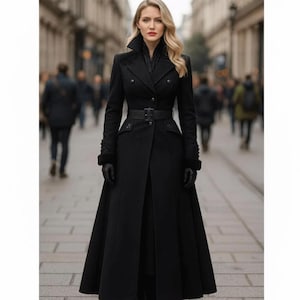 Elegante abrigo largo de lana negra / Gabardina gótica victoriana / Abrigo de lana de invierno para mujer / Chaqueta vintage de cuello alto