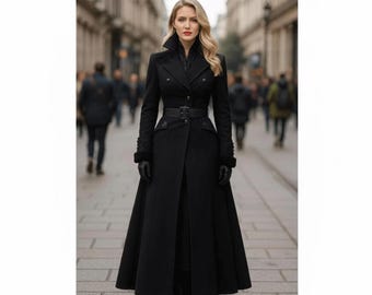 Elegant Long Black Wool Coat | Victorian Gothic Trench | Women’s Winter Wool Overcoat | High Collar Vintage Style Jacket