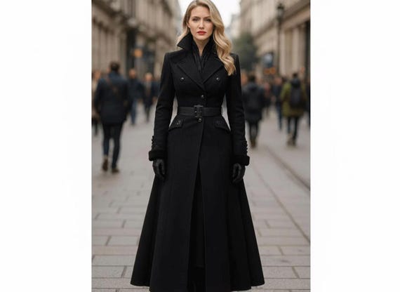 Elegant Long Black Wool Coat | Victorian Gothic Trench | Women’s Winter Wool Overcoat | High Collar Vintage Style Jacket