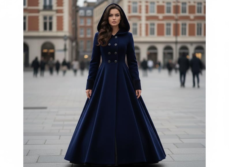 Premium navy velvet hooded coat for women in elegant street style look