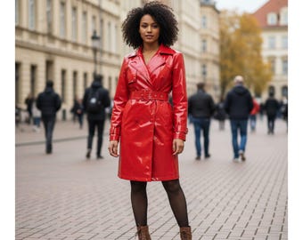 Straight Coat RED Latex Look | Classic Outwear Statement Piece