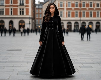 Gothic Black Velvet Hooded Coat, Women’s Long Flare Maxi Overcoat, Medieval Witchcore Cloak, Morticia-Inspired Winter Jacket