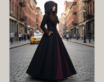 Elegant Black & Maroon Cotton Hooded Long Coat for Women | Gothic Victorian Trench Coat | Handmade Winter Fashion Gift