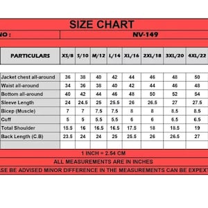 May include: A size chart for style number NV-149, featuring a table with columns for sizes XS/8 through 5XL/24 and rows for jacket chest, waist, bottom, sleeve length, bicep, cuff, shoulder, and back length measurements in inches.