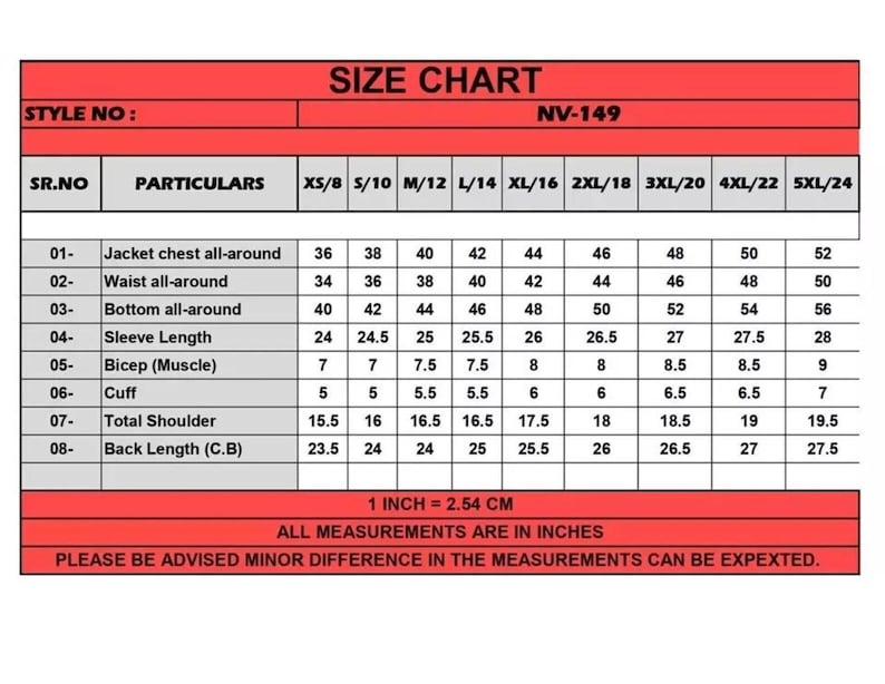 May include: A size chart for style number NV-149, featuring a table with columns for sizes XS/8 through 5XL/24 and rows for jacket chest, waist, bottom, sleeve length, bicep, cuff, shoulder, and back length measurements in inches.