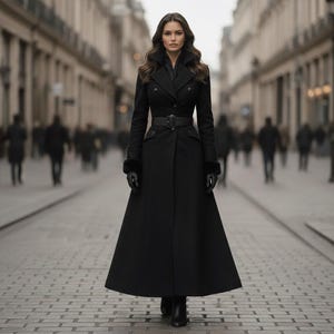 Elegante abrigo largo de lana negra / Gabardina gótica victoriana / Abrigo de lana de invierno para mujer / Chaqueta vintage de cuello alto imagen 3