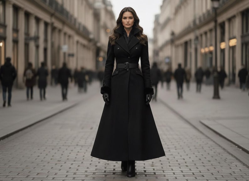 Elegante abrigo largo de lana negra / Gabardina gótica victoriana / Abrigo de lana de invierno para mujer / Chaqueta vintage de cuello alto imagen 3