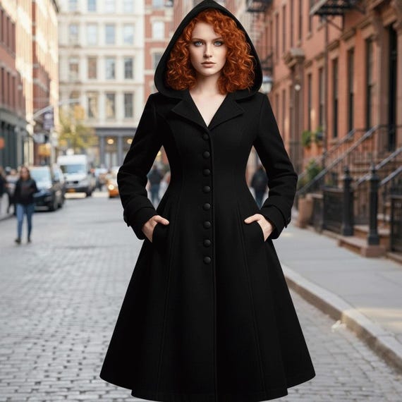Black Hooded Wool Coat for Women | Gothic Long Winter Overcoat