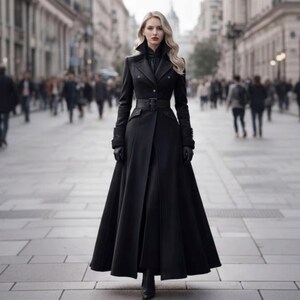 Elegante abrigo largo de lana negra / Gabardina gótica victoriana / Abrigo de lana de invierno para mujer / Chaqueta vintage de cuello alto imagen 11