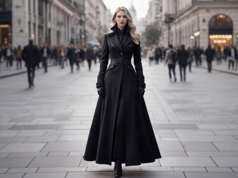 Elegante abrigo largo de lana negra / Gabardina gótica victoriana / Abrigo de lana de invierno para mujer / Chaqueta vintage de cuello alto imagen 11