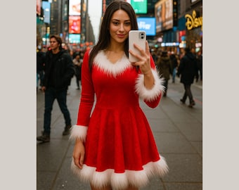 Puede incluir: Un vestido rojo de terciopelo con mangas largas y falda acampanada, adornado con piel sintética blanca en el escote, los puños y el dobladillo. La persona sostiene un teléfono inteligente blanco. El fondo muestra una concurrida calle de la ciudad con letreros iluminados.