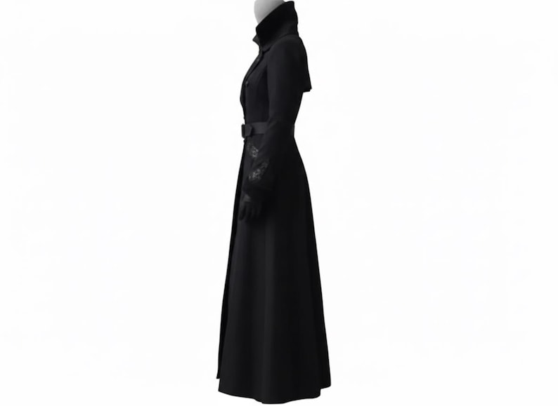 Elegante abrigo largo de lana negra / Gabardina gótica victoriana / Abrigo de lana de invierno para mujer / Chaqueta vintage de cuello alto imagen 10