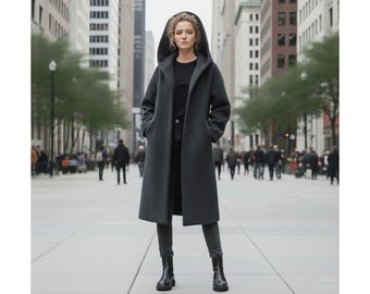 Dunkelgrauer Woll-Kapuzenmantel für Frauen | Langer handgemachter Wintermantel | Minimalistischer übergroßer Wollmantel