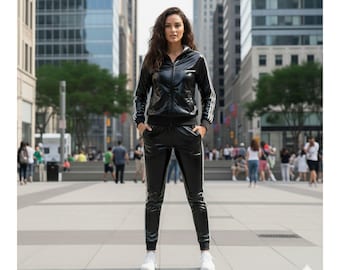 Schwarzer PVC Trainingsanzug für Frauen | Glänzendes Wet Look Jogging-Set | Vinyl Zip Hoodie & Hose | Mode Streetwear Outfit | Trendige Lack Sportbekleidung