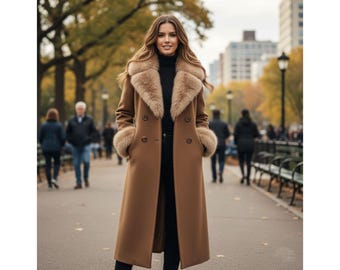 May include: A long, camel-colored coat with a fur collar and cuffs. The double-breasted coat is worn over a black turtleneck and pants. The image is taken outdoors on a path with people and trees in the background.