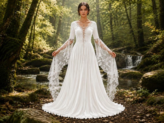 Elven Wedding Dress, Galadriel Inspired Ivory Medieval Gown, Lace Bell Sleeve Renaissance Bridal Dress, Fantasy LARP Costume