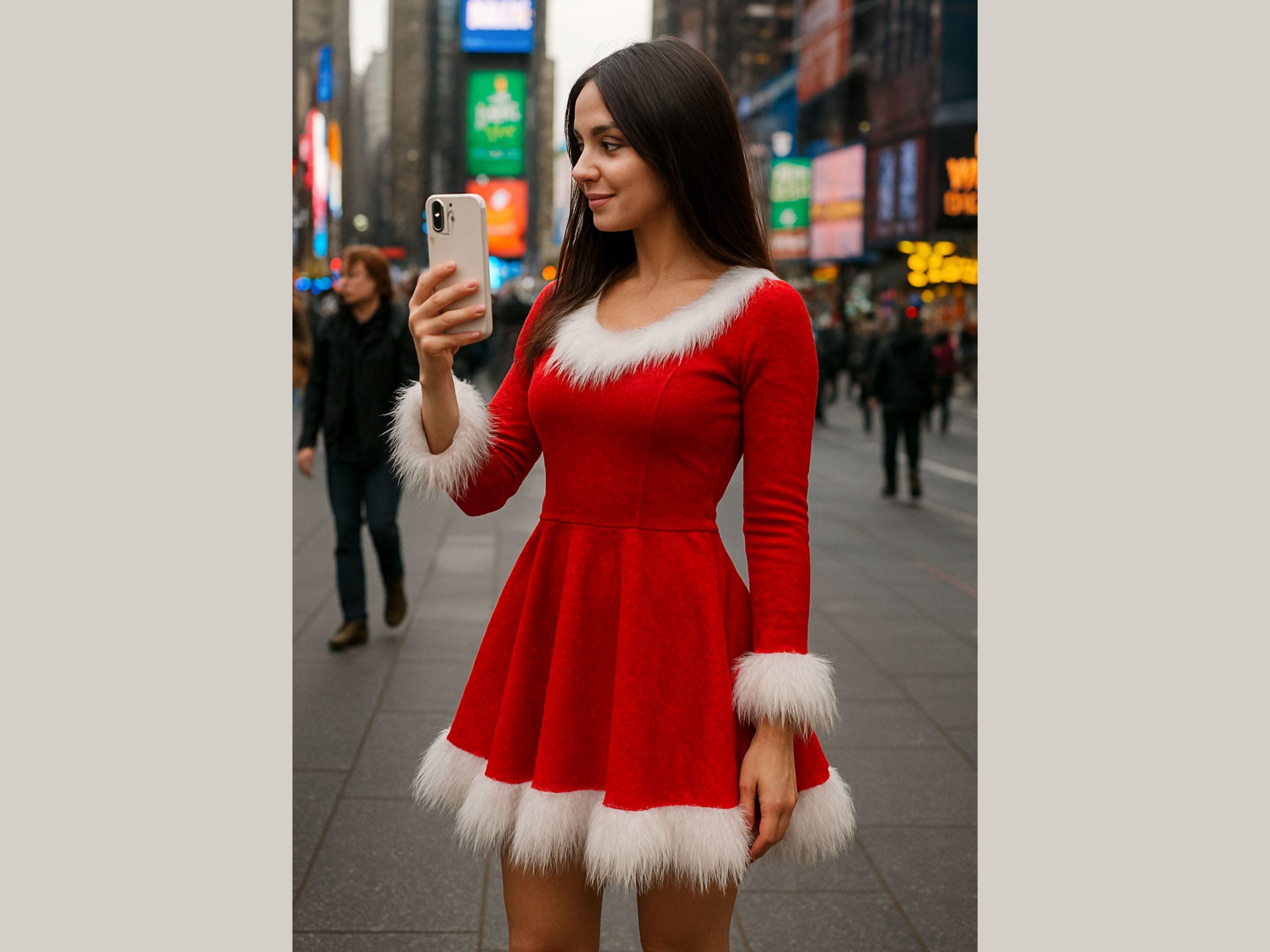 christmas dress with fur Women's Red Trim | Holiday Santa Costume Outfit | Winter Party Dress | Festive Velvet Shirt Size:MOM-XL-FAMILY FAB_LACE DRESSES Extraordinary Glamour White 3D Costume 10Y for toddlers and