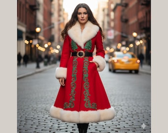 May include: A long red coat with white fur trim and green embroidered details. The coat features a black belt with a gold buckle. The model is standing on a cobblestone street with a yellow taxi in the background.